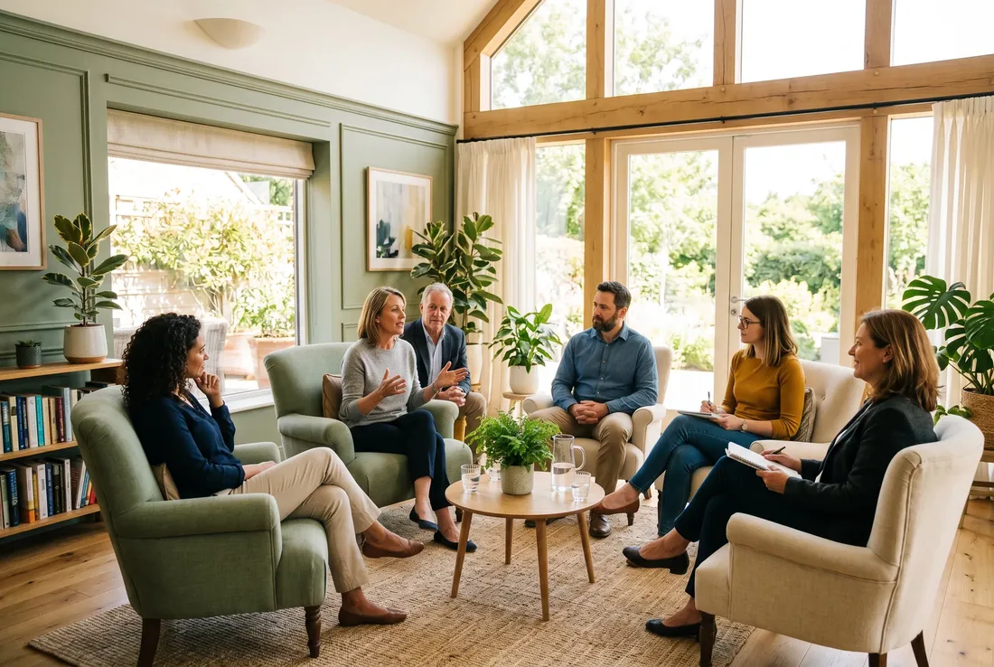 A group therapy session at Saltwood Mental Health in Dallas