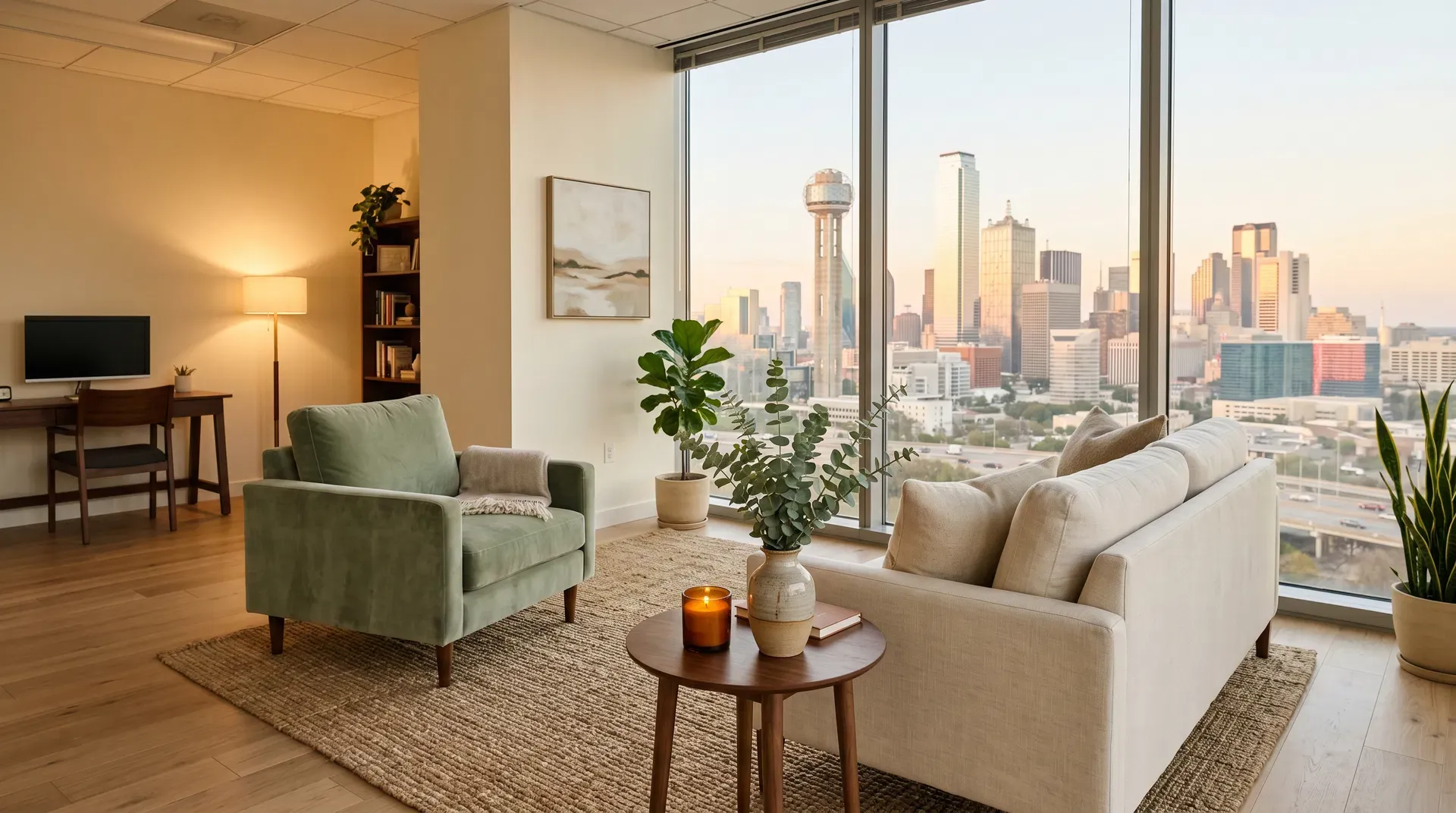 A calm lounge with a Dallas skyline view at Saltwood Mental Health