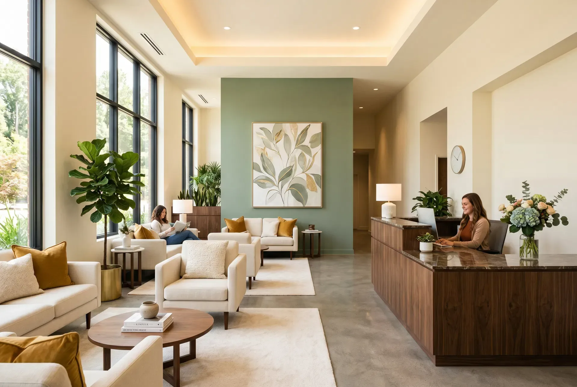 The reception lounge at Saltwood Mental Health, filled with warm natural light